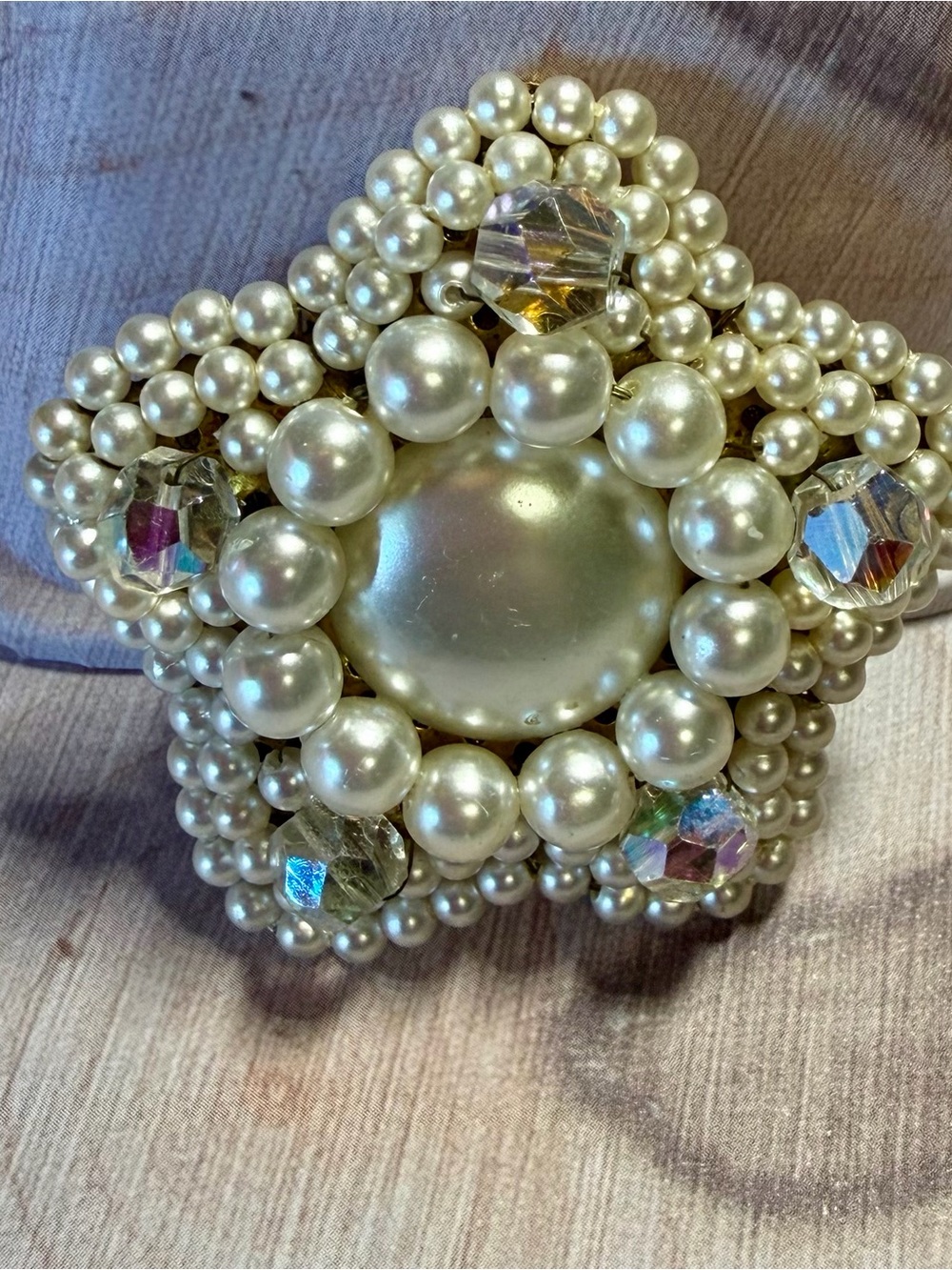 Vintage 50s Faux Pearl & AB Crystal Star Brooch
